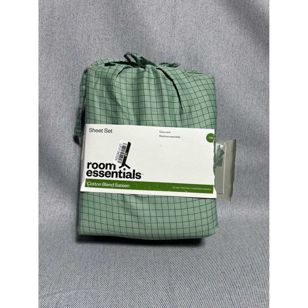 Room Essentials Full Sheet Set Green Grid Cotton Blend Sateen 4 Piece Bedding